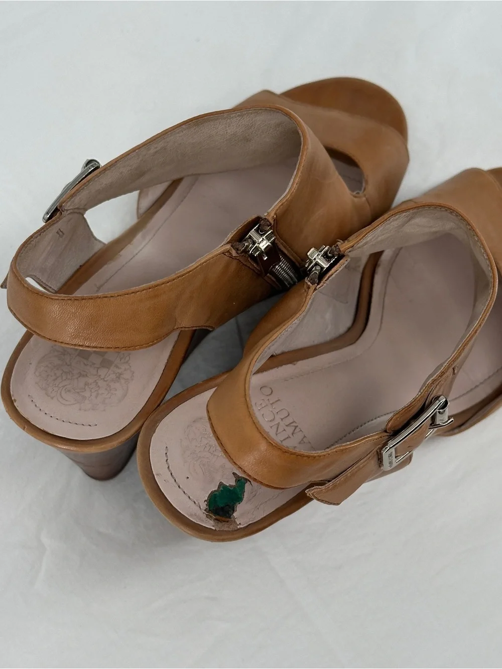 Women's Tan Leather Peep-Toe Buckle Heels 9.5